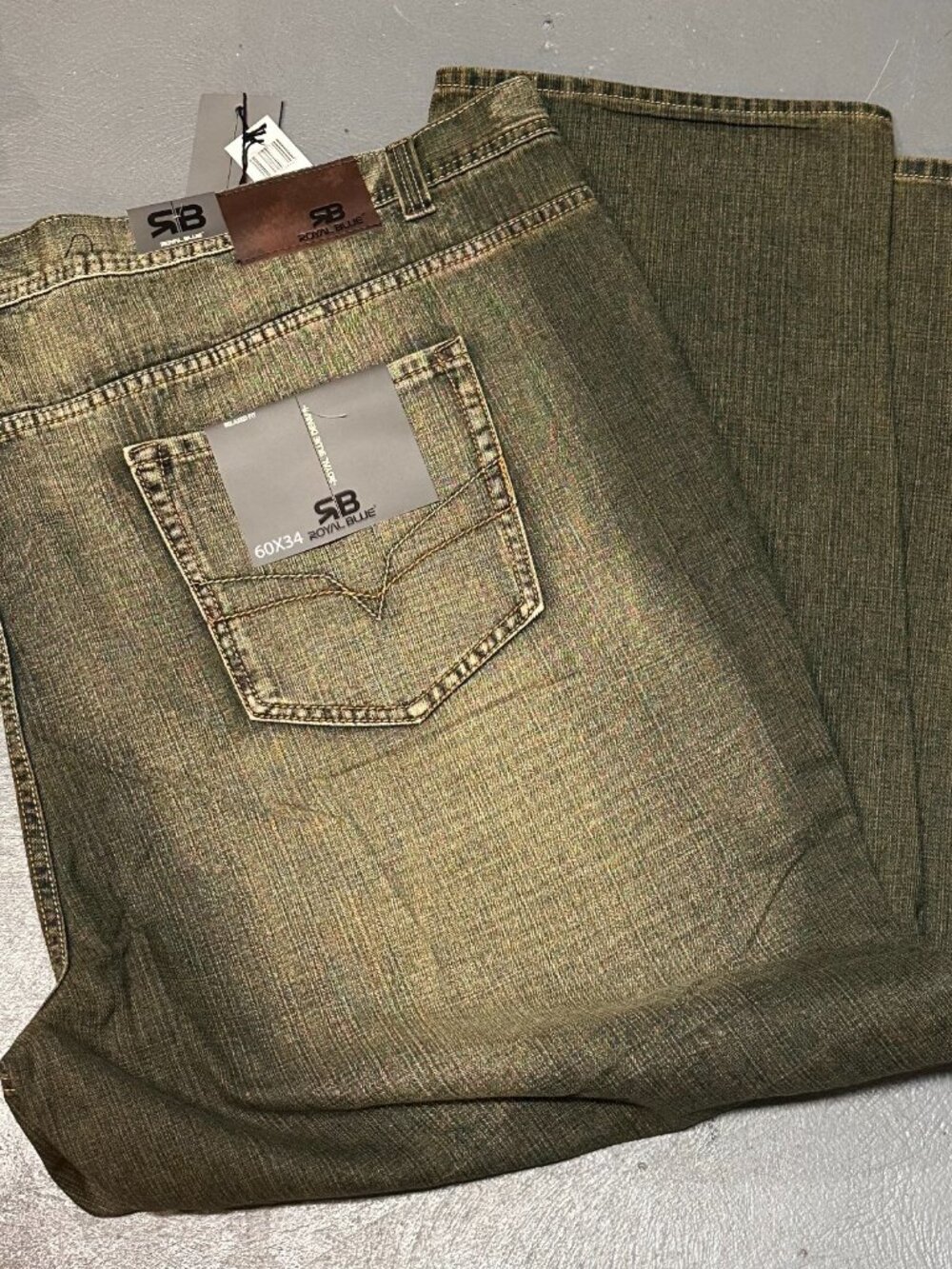 Royal Blue Brand Denim Jeans Men 60 x 34 Relaxed Big & Tall Olive Green Wash